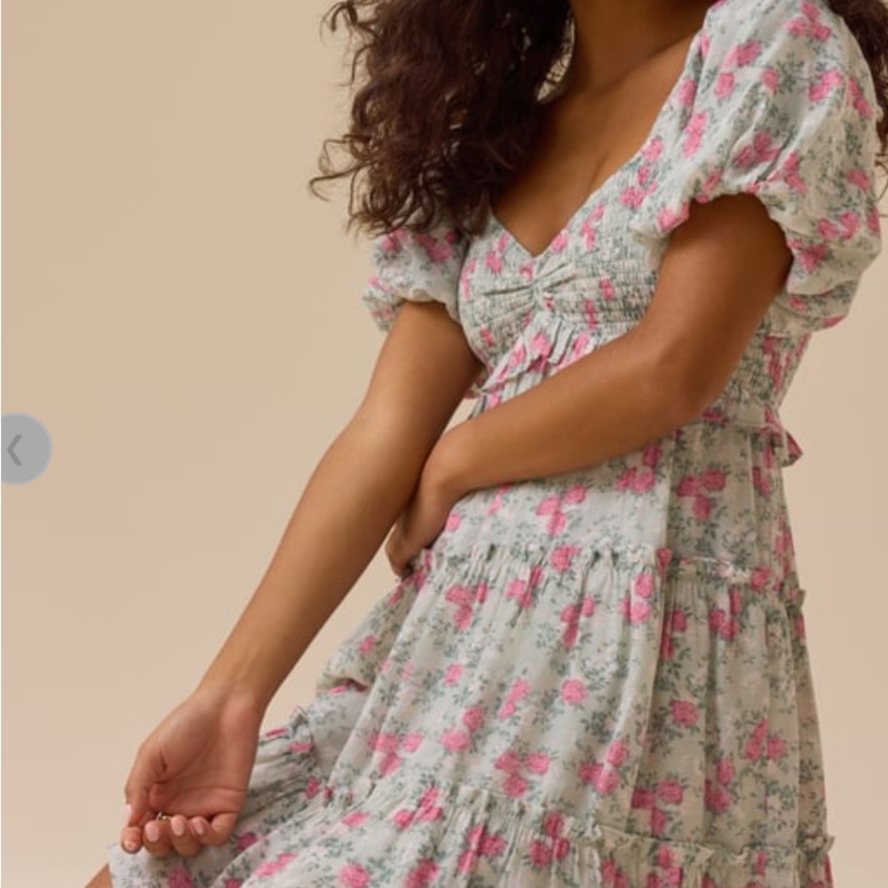 Altar'd State Pink Floral Puff-Sleeve Tiered Midi Dress